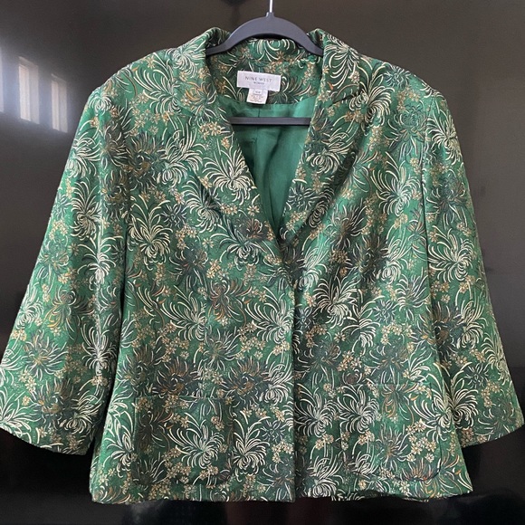 Nine West Womens Suit Jacket Blazer Emerald Floral Pockets 3/4 Sleeve, Size 16W